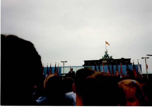A not-very-good shot of President Reagan speaking at the wall.